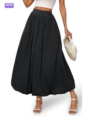 Y2K Bubble Maxi Skirt Elastic Waist A-Line Puffy Hem Ankle Length Deep Pockets